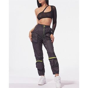 Black One Shoulder Mesh Sleeve Top & Pant Sets